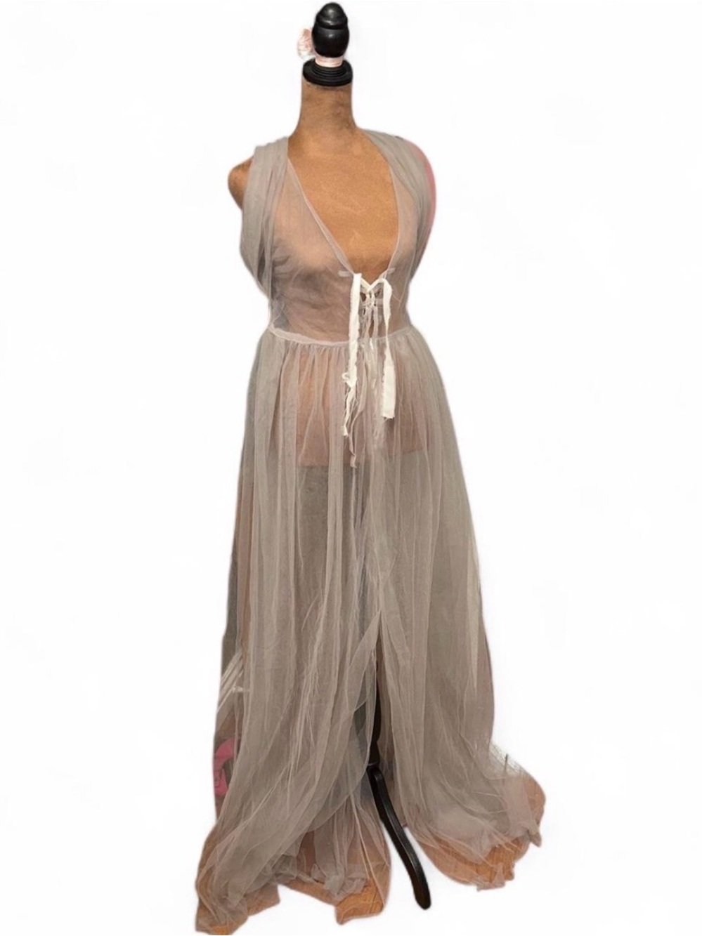 Sheer Tulle Maxi Coverup Flared Bridal Overlay Taupe Mesh Maxi Dress